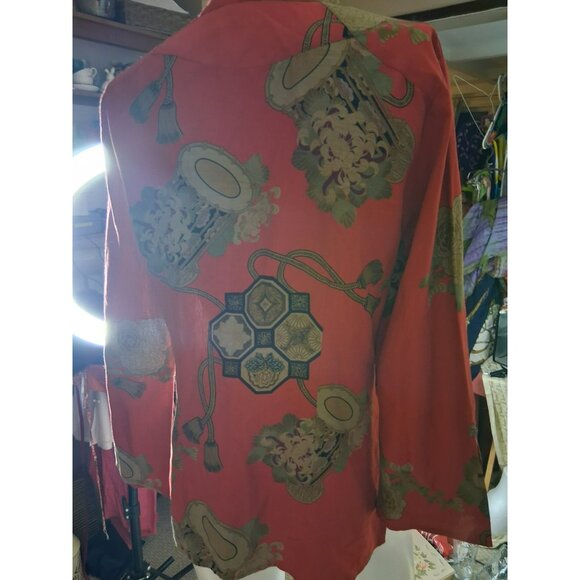 Citron Santa Monica Silk Linen Blouse Shirt Asian Print Size S - Picture 3 of 4